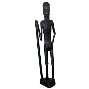 VTG Ebony Wood Hand Carved Wood Sculpture African Tribal Man Holding Staff